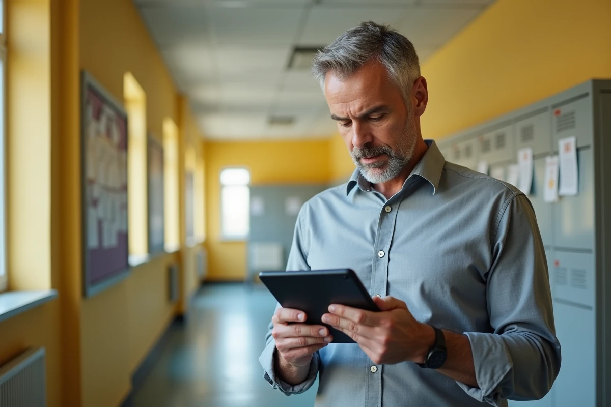 Personnel administratif de l'académie de Strasbourg consultant sa messagerie professionnelle sur une tablette dans un couloir d'établissement scolaire
