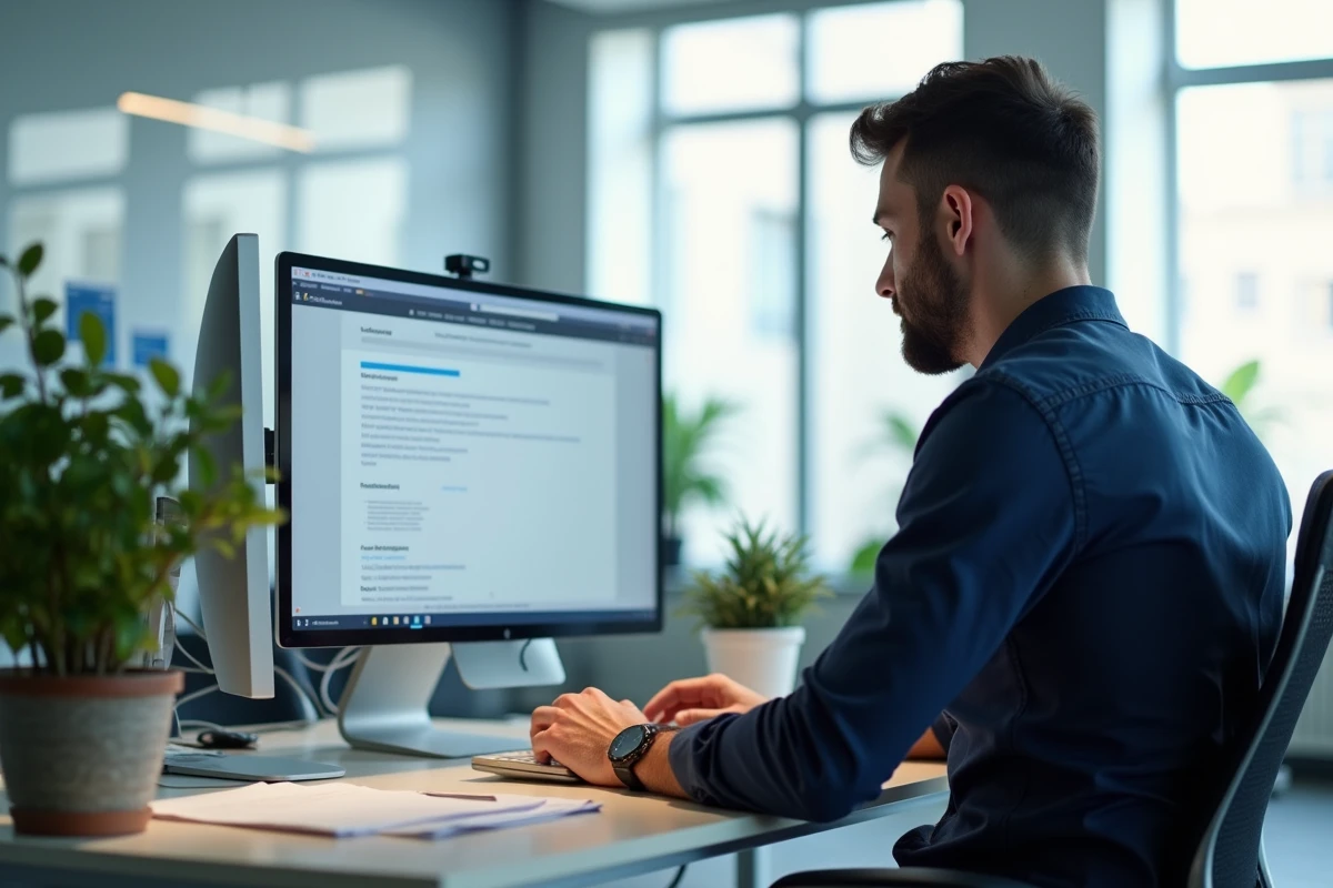 Administrateur académique accédant au système d'authentification Arena sur un poste de travail de bureau