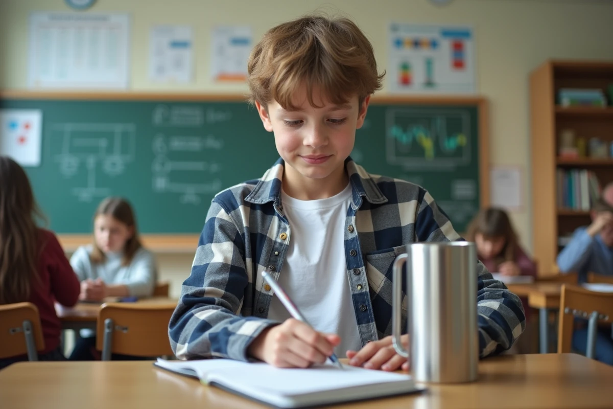 Adolescent &eacute;crit la formule du volume dans un laboratoire scolaire