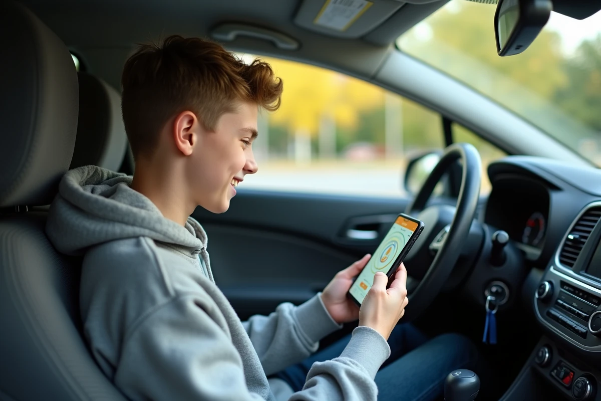 Adolescent pratique un test de conduite sur smartphone dans une voiture