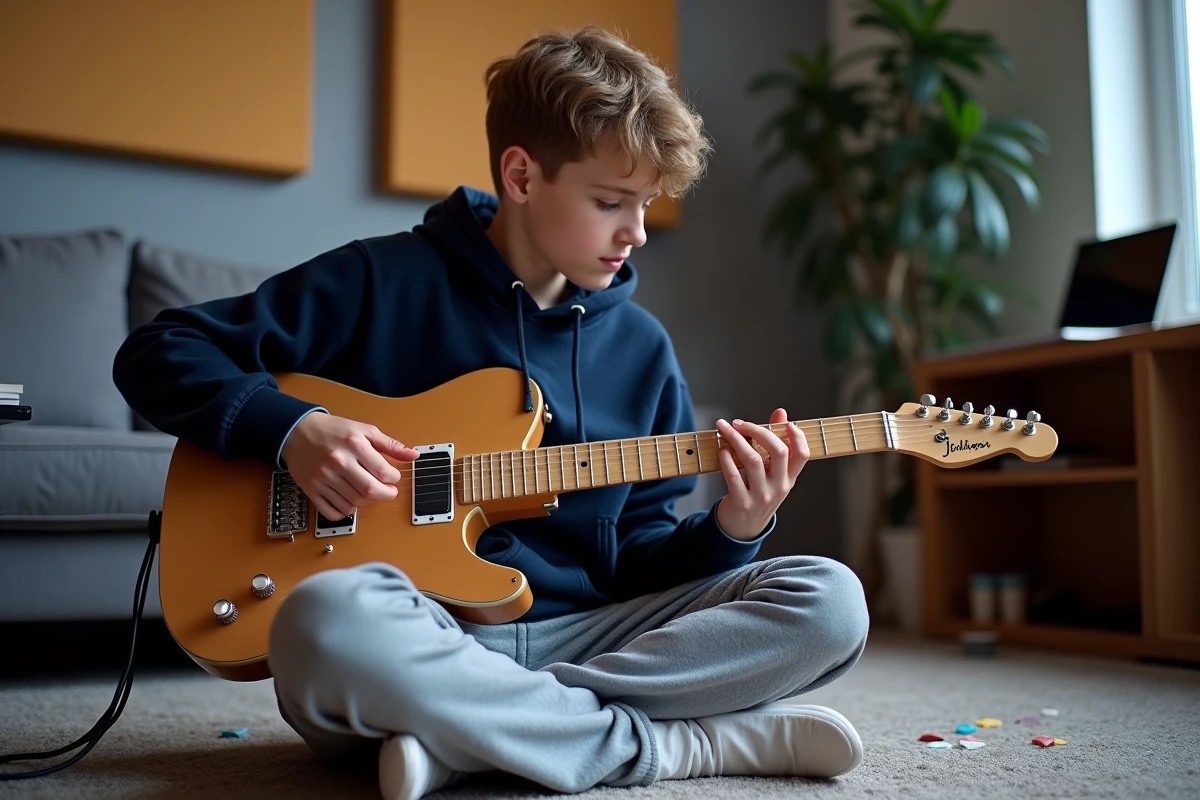 Adolescent apprenant l'accord barré Gm sur une guitare électrique dans un home studio