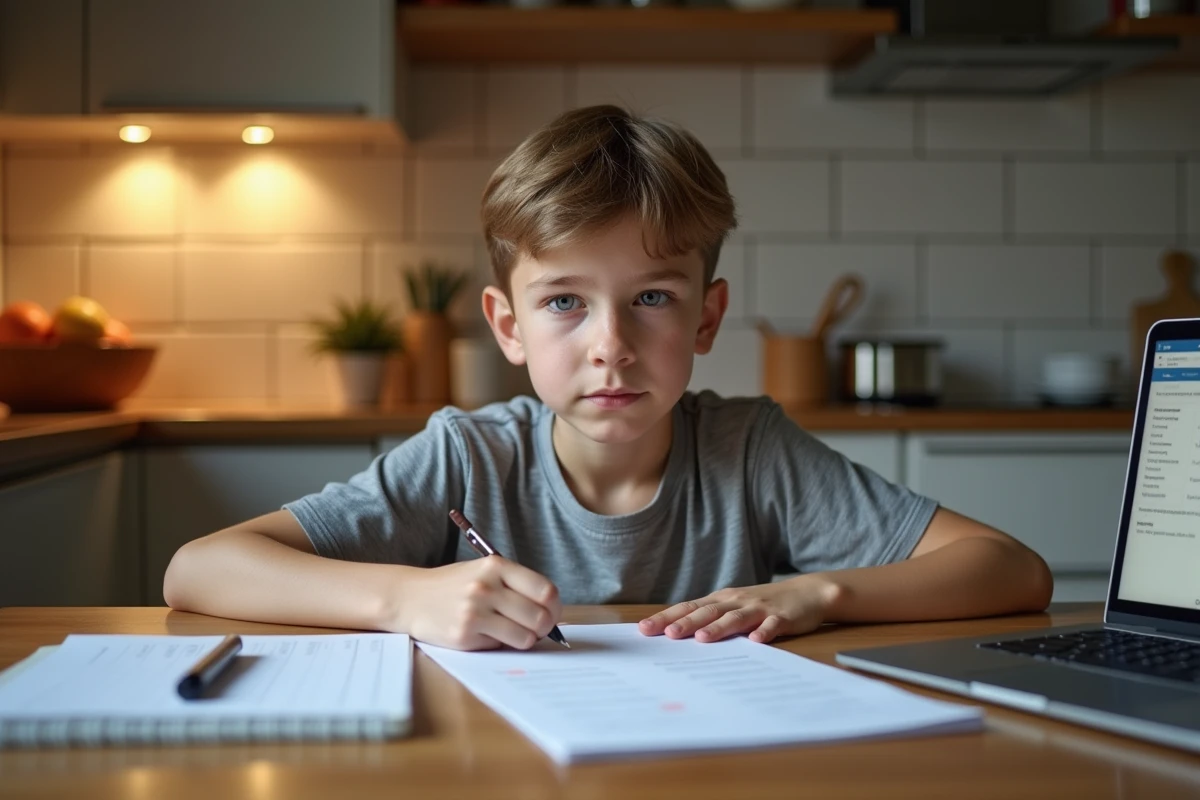 Adolescent préparant ses révisions pour le brevet avec un cahier de notes et un calendrier scolaire sur la table de la cuisine