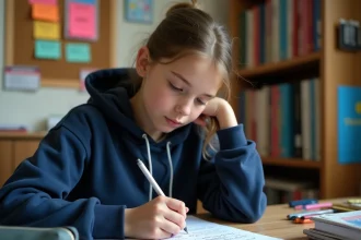 Adolescente concentrée sur des exercices de classes grammaticales corrigés à son bureau d'étude