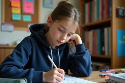 Adolescente concentrée sur des exercices de classes grammaticales corrigés à son bureau d'étude