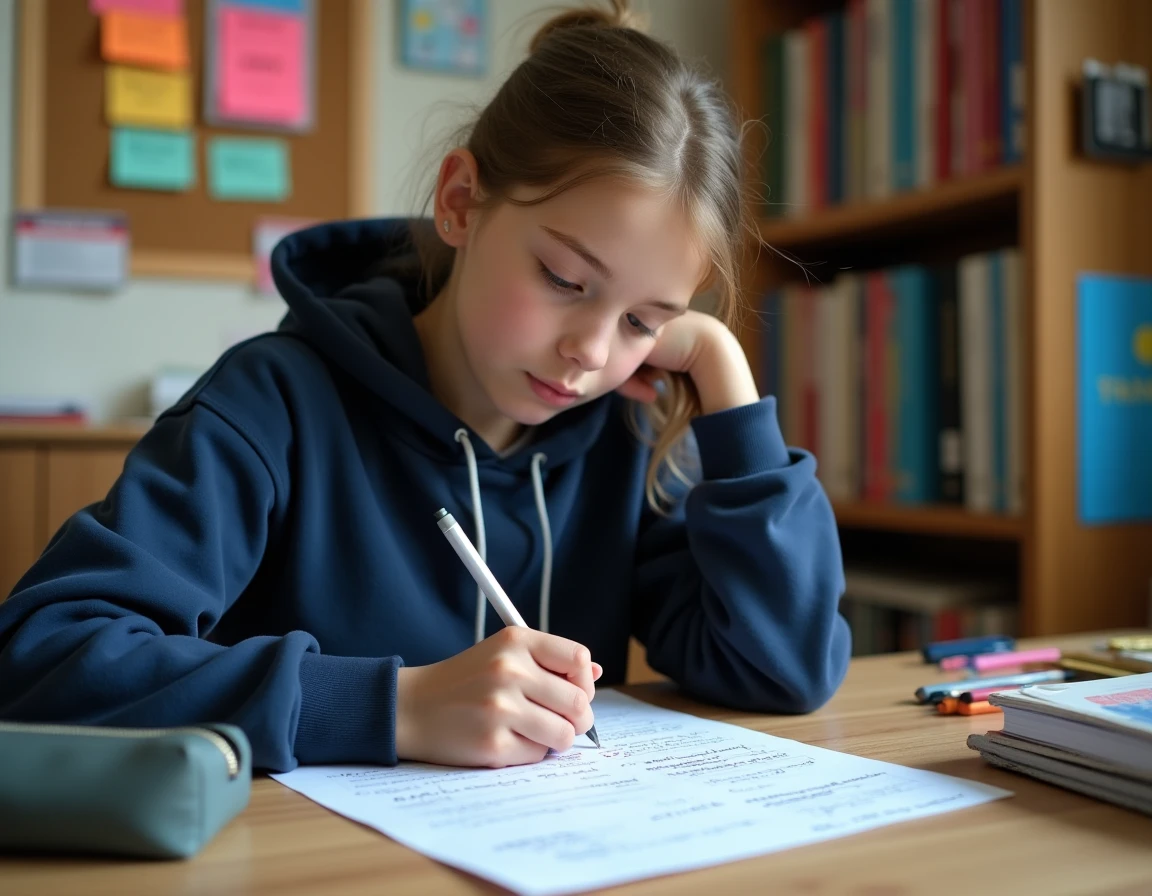 Adolescente concentrée sur des exercices de classes grammaticales corrigés à son bureau d'étude