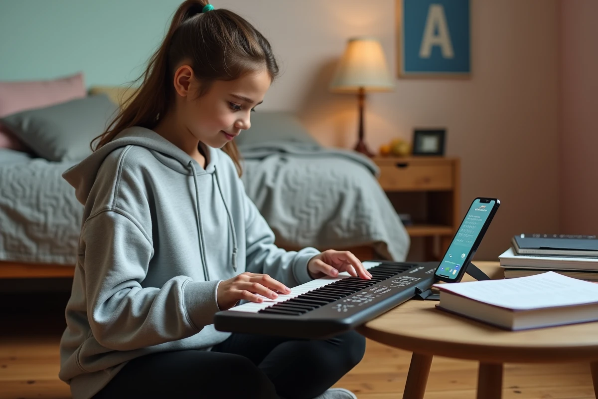 Adolescente qui apprend le piano seule avec une application mobile sur smartphone, progression rapide au piano gratuit en ligne