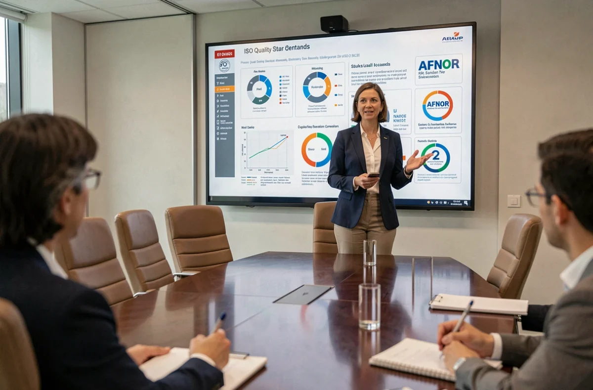 Formatrice AFNOR Compétences Lyon présentant des normes de certification qualité devant un groupe de professionnels
