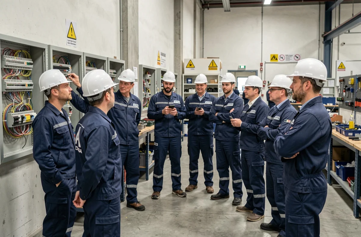 Stagiaires de l'AFPA Lyon-Vénissieux en formation technique électrique dans un atelier industriel