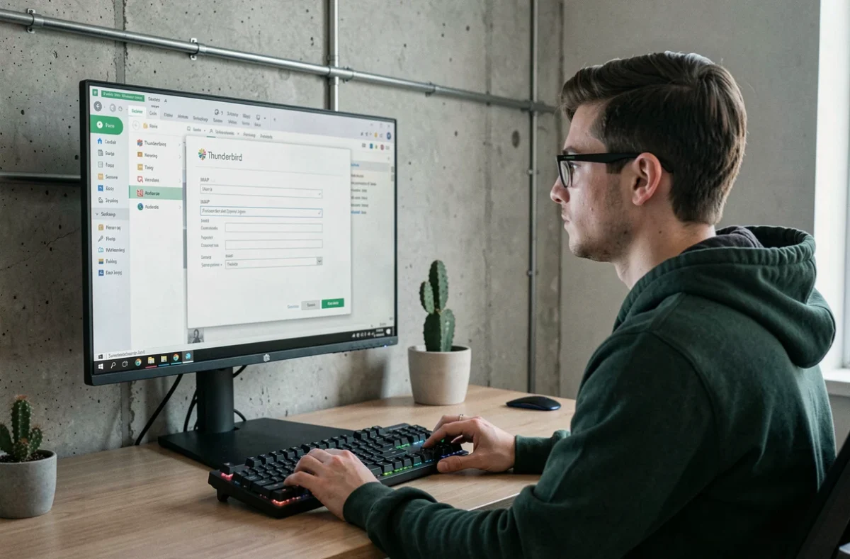 Jeune homme ajoutant un compte mail AC Strasbourg dans Thunderbird depuis son bureau à domicile
