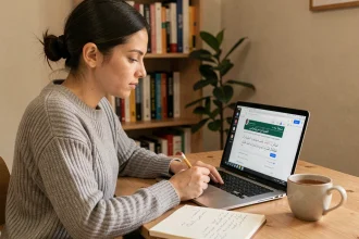 Femme apprenant l'arabe en ligne sur un ordinateur portable depuis son bureau à domicile, avec un cahier de notes manuscrites en arabe