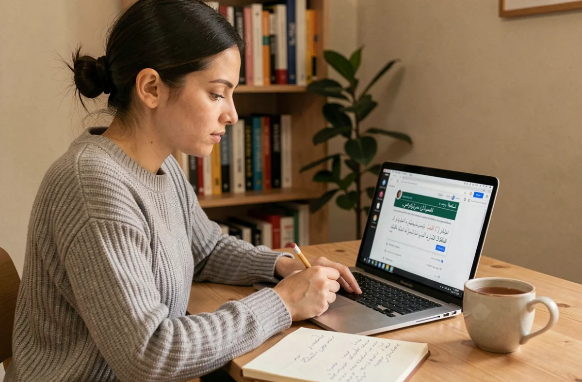 Femme apprenant l'arabe en ligne sur un ordinateur portable depuis son bureau à domicile, avec un cahier de notes manuscrites en arabe