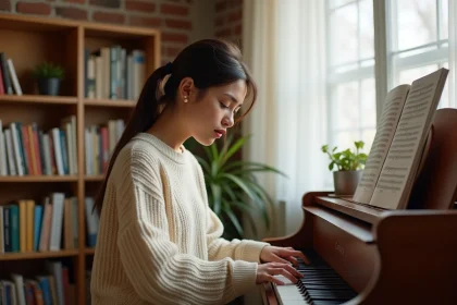 Jeune femme apprenant le piano seule chez elle en consultant des partitions, illustrant l'apprentissage du piano en ligne sans professeur