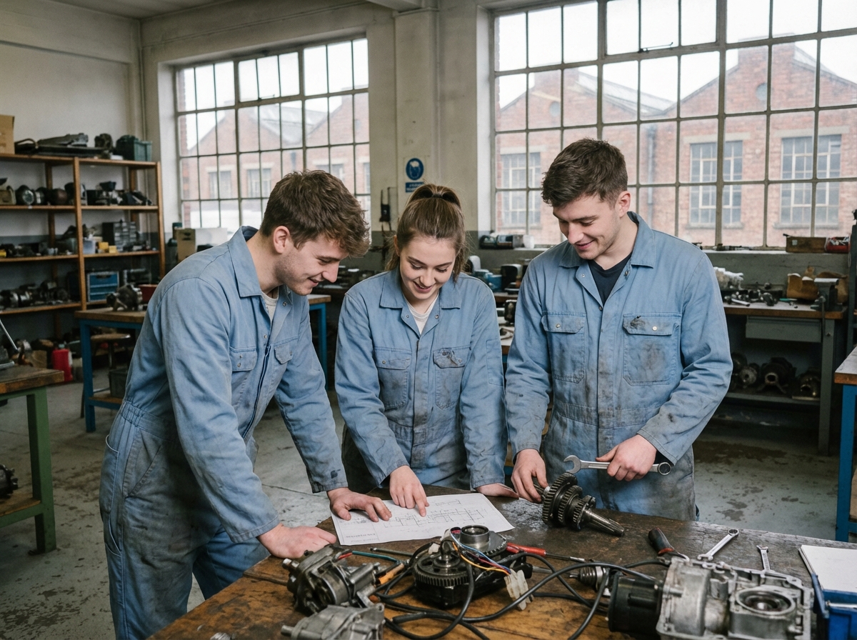 Groupe de jeunes en overalls assemble des pieces mecanique dans un atelier