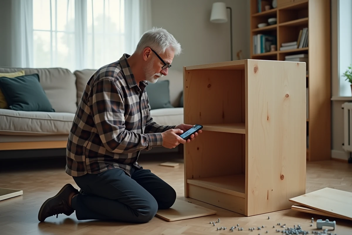 Homme assemblant un meuble chez lui en suivant un tutoriel bricolage en ligne sur smartphone, formation CPF à domicile