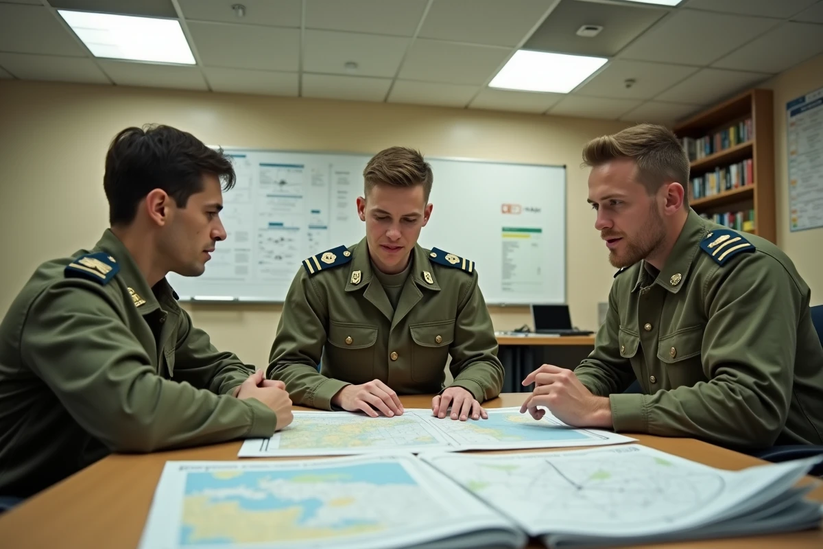 Élèves pilotes militaires en séance de briefing aéronautique dans une salle de cours d'une académie de l'armée de l'air