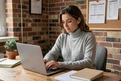 Femme rédigeant une candidature spontanée sur son ordinateur portable dans un bureau à domicile organisé