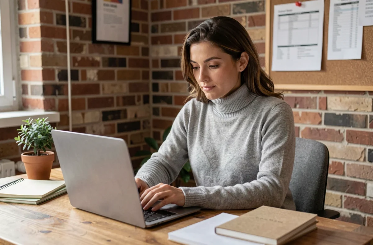 Femme rédigeant une candidature spontanée sur son ordinateur portable dans un bureau à domicile organisé