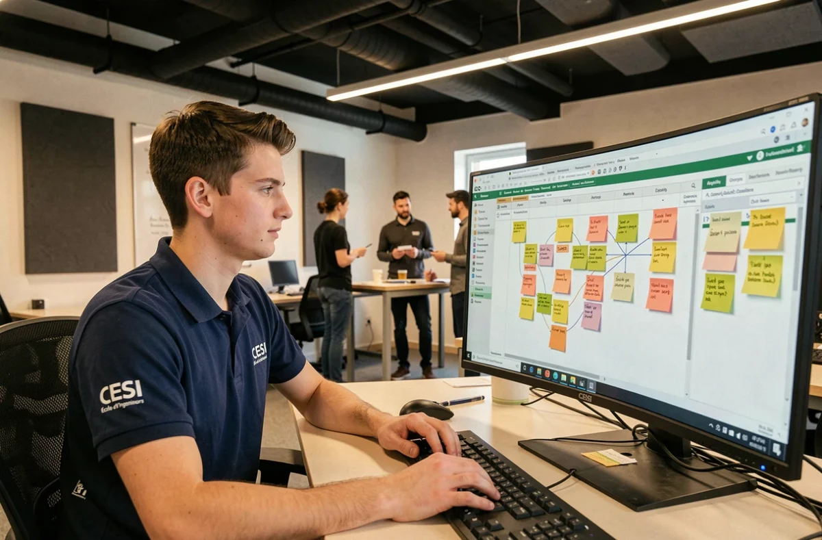 Étudiant ingénieur consultant un tableau de gestion de projet agile au CESI Rouen