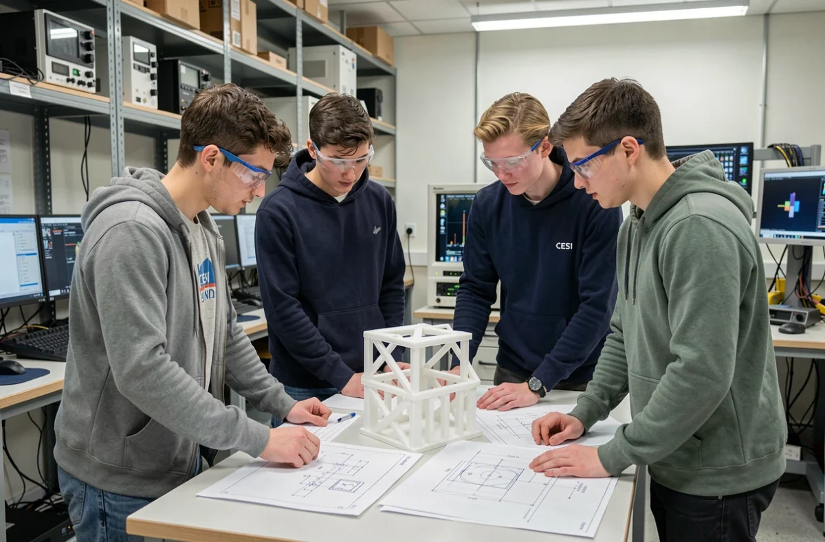 Étudiants en ingénierie travaillant sur un prototype technique dans un laboratoire du CESI Lyon