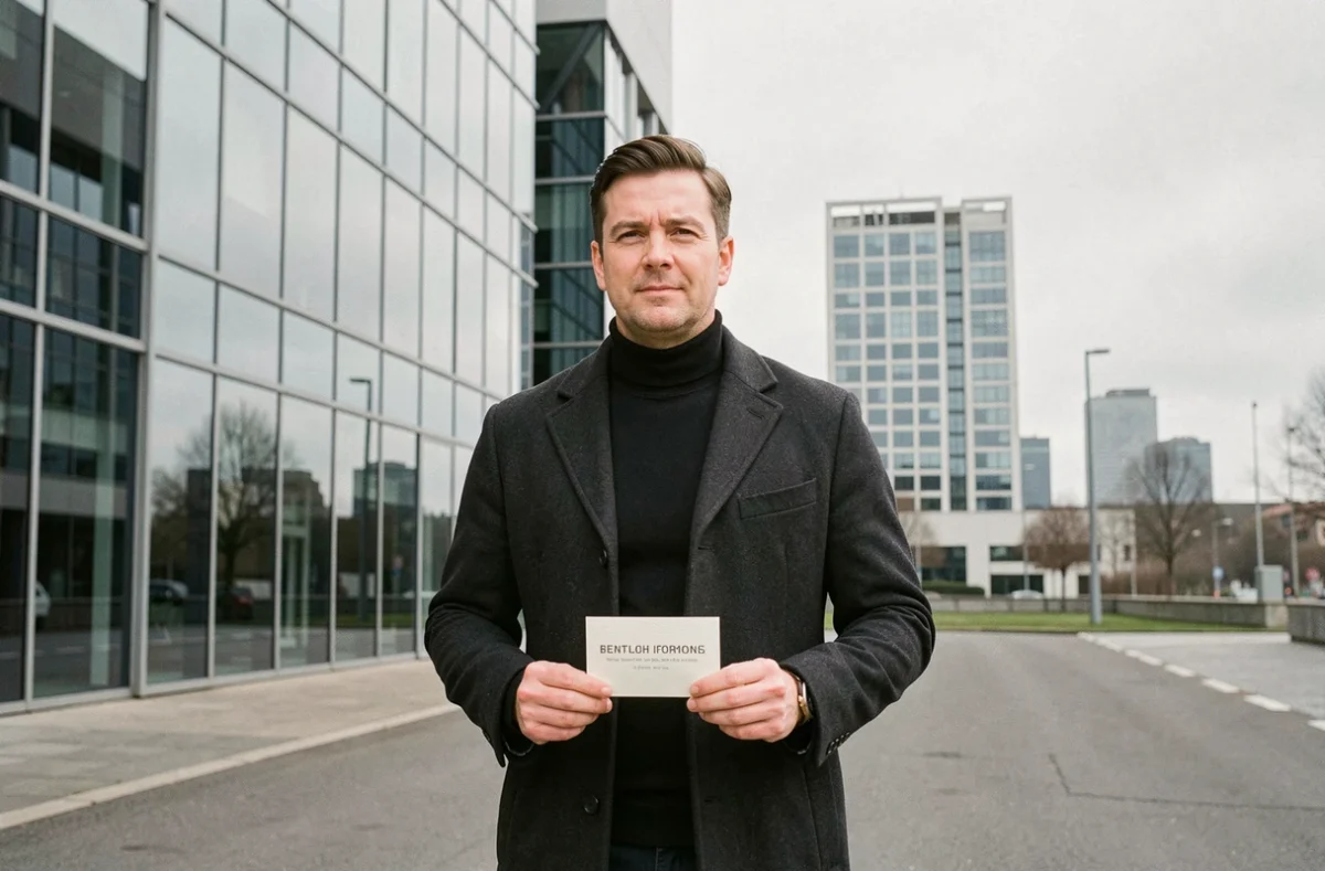 Chauffeur VTC en manteau sombre tenant un panneau d'accueil devant les immeubles de La Défense à Paris