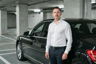 Chauffeur VTC professionnel en chemise blanche debout à côté d'une berline noire dans un parking souterrain parisien