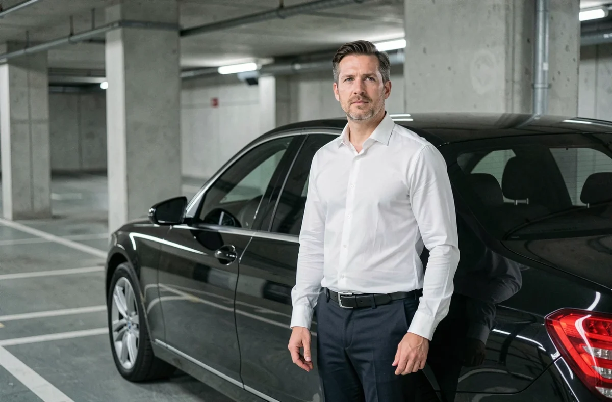 Chauffeur VTC professionnel en chemise blanche debout à côté d'une berline noire dans un parking souterrain parisien