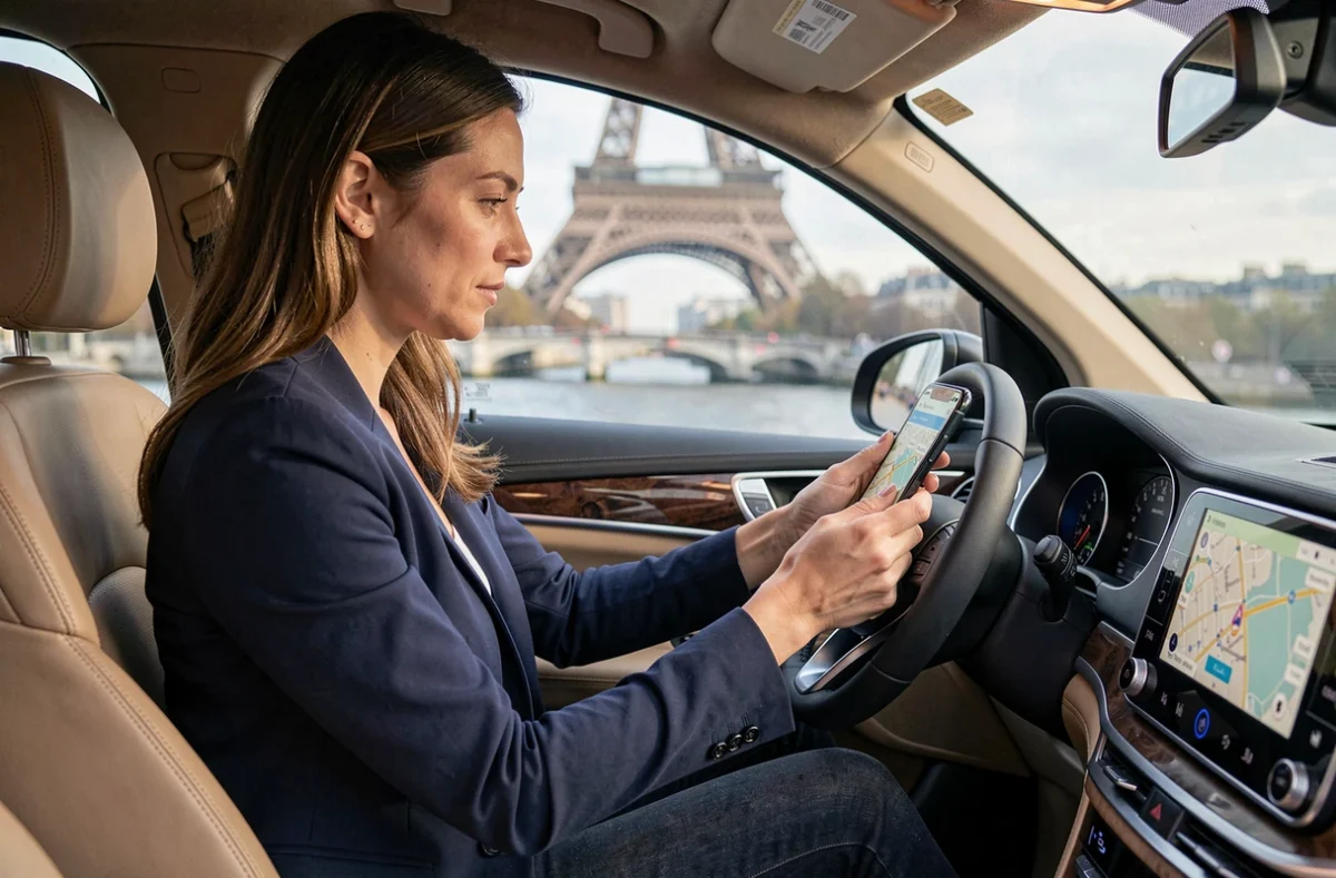 Chauffeuse VTC dans l'habitacle d'un véhicule premium consultant son GPS avec la Tour Eiffel en arrière-plan flou