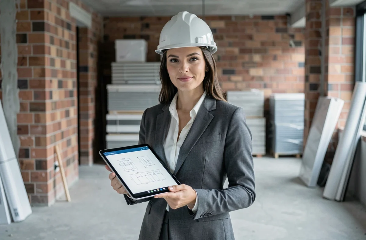 Femme chef de chantier avec tablette numérique dans un bâtiment en rénovation, débouchés formation BTP