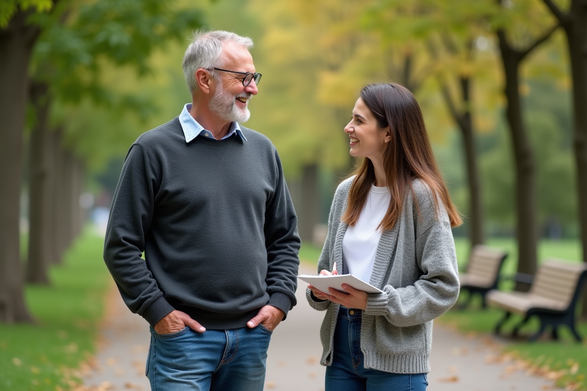Homme et femme en coaching en plein air dans un parc verdoyant