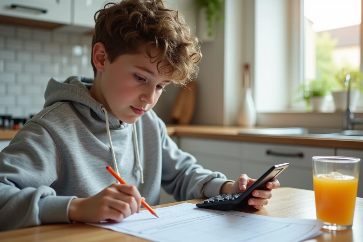 Collégien qui vérifie ses notes et coefficients avec une calculatrice sur son bulletin scolaire à la maison