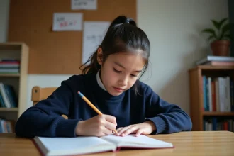 Collégienne calculant une moyenne avec coefficients dans son cahier de cours à son bureau