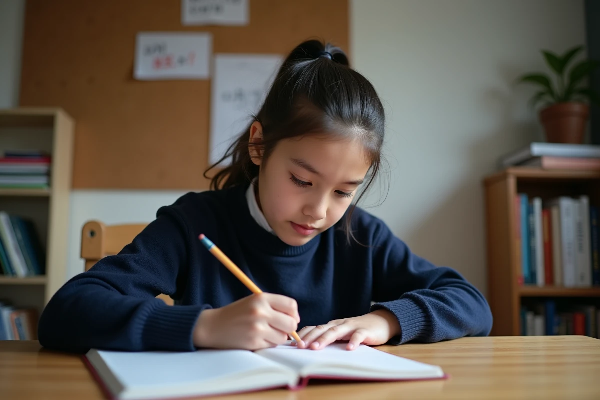 Collégienne calculant une moyenne avec coefficients dans son cahier de cours à son bureau
