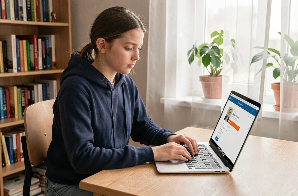 Collégienne connectée à l'ENT Aisne sur un ordinateur portable dans sa chambre