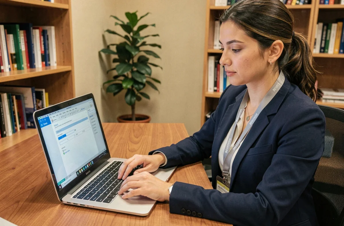 Femme configurant un email académique AC Strasbourg sur Outlook dans un bureau universitaire