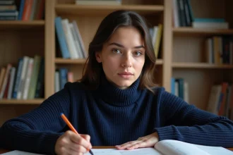 Jeune femme étudiant la conjugaison des verbes du 2ème groupe avec des livres de grammaire française ouverts sur un bureau en bois