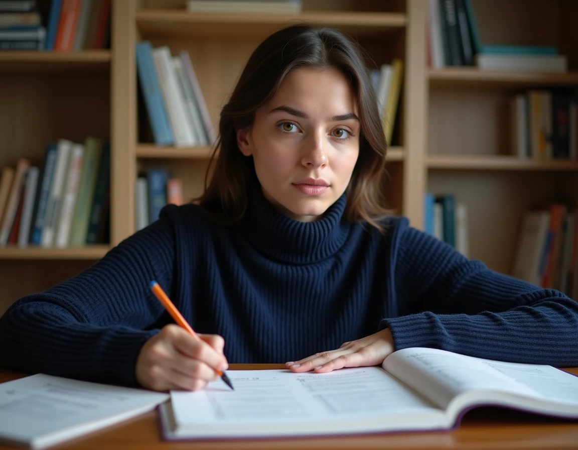 Jeune femme étudiant la conjugaison des verbes du 2ème groupe avec des livres de grammaire française ouverts sur un bureau en bois