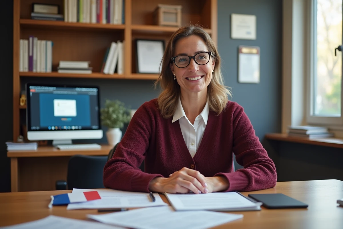 Directrice d'établissement scolaire de l'académie de Strasbourg se connectant à sa messagerie académique depuis un ordinateur de bureau dans son bureau de direction