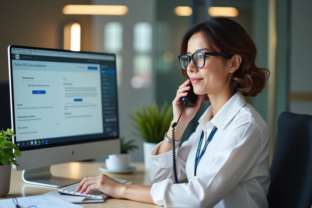 Conseillère administrative de l'université Paris 8 au téléphone pour aider un étudiant avec un problème de connexion Econdidat