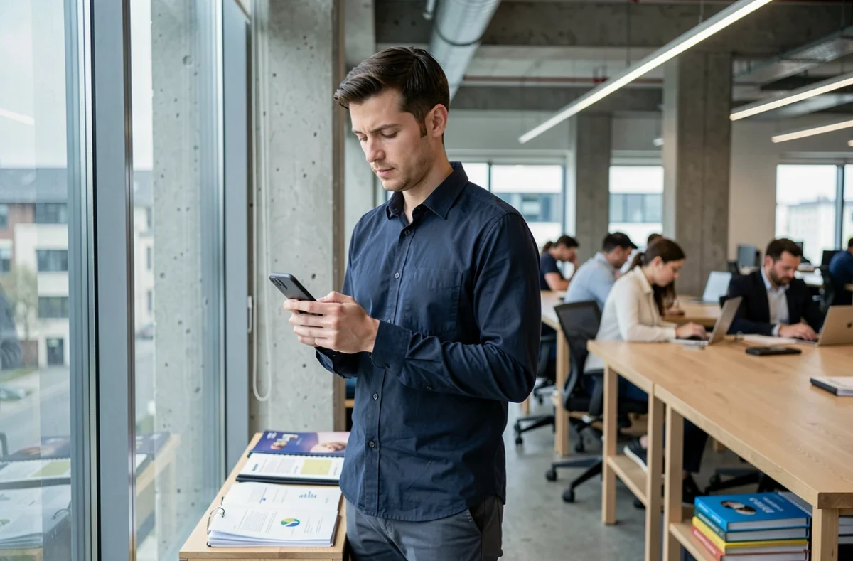 Jeune professionnel consultant ProfilCulture sur son smartphone dans un espace de coworking moderne