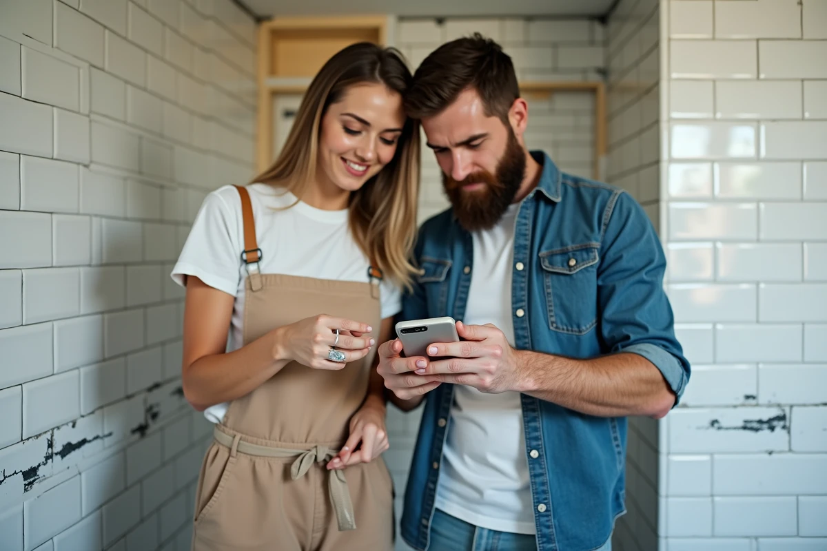 Couple de jeunes locataires consultant un guide de bricolage sur smartphone lors de la rénovation de leur salle de bain