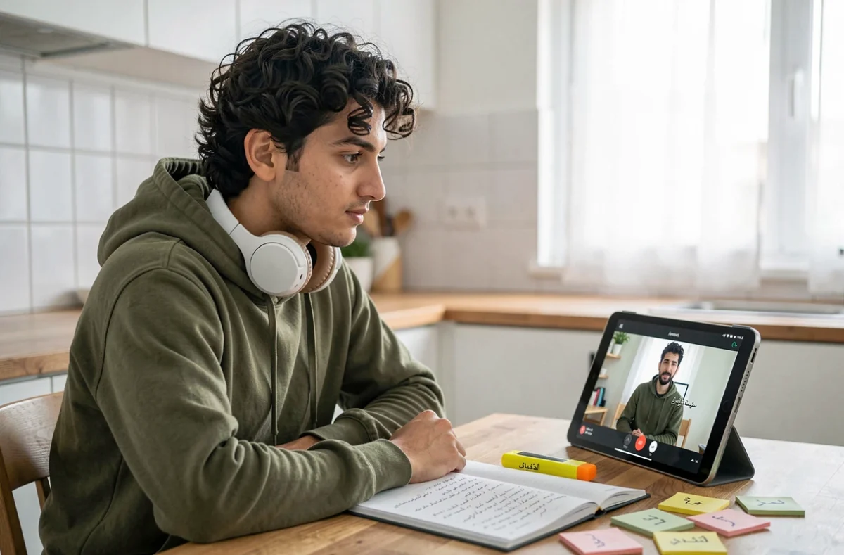 Jeune homme suivant un cours d'arabe en visioconférence sur une tablette à la maison avec des notes et un cahier d'exercices