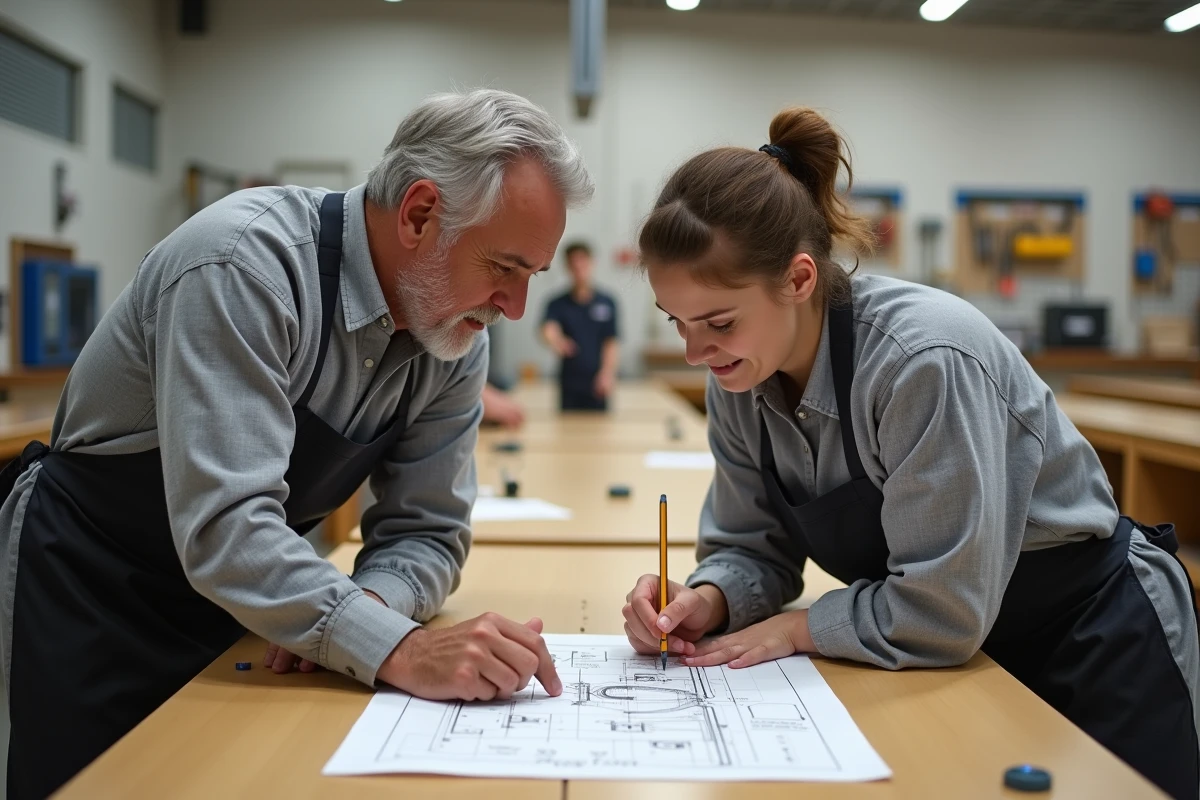 Deux adultes étudiant un plan technique ensemble lors d'un cours de bricolage en atelier collectif