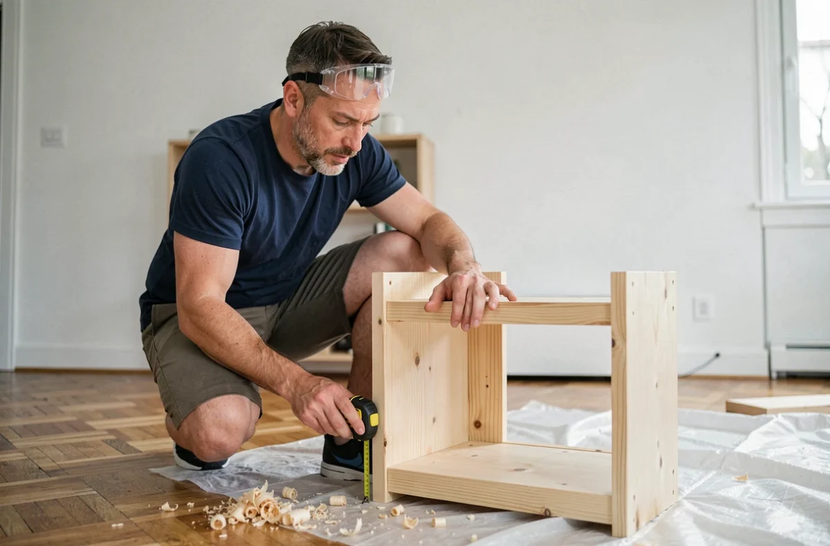 Homme débutant en bricolage inspectant une étagère en bois assemblée dans un salon avec mètre ruban et lunettes de sécurité