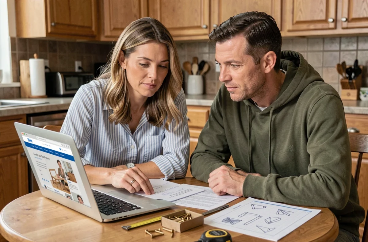 Couple de débutants consultant un cours de bricolage en ligne sur ordinateur portable avec guides imprimés et outils sur une table de cuisine