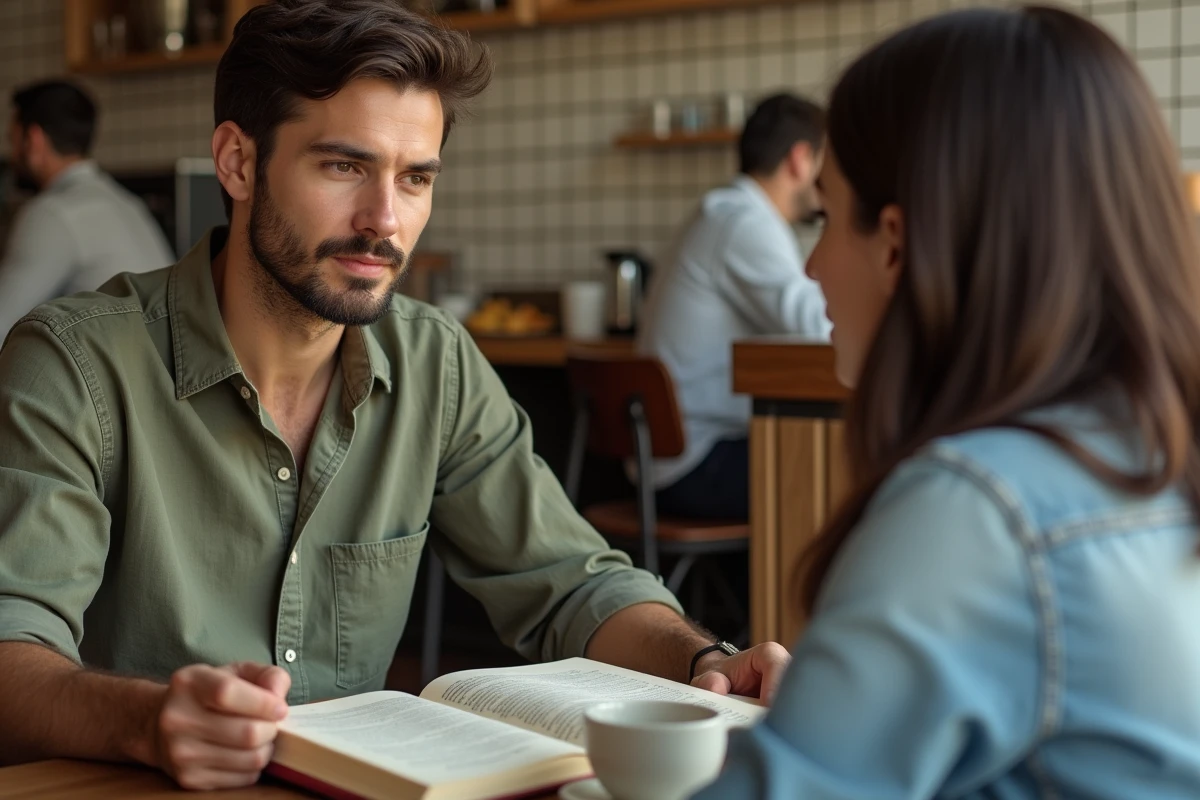 Cours particulier d'espagnol dans un café avec un manuel de grammaire ouvert sur l'imparfait
