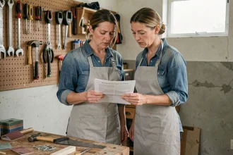 Femme débutante en bricolage lisant des instructions sur un établi en bois avec des outils de base dans un atelier maison