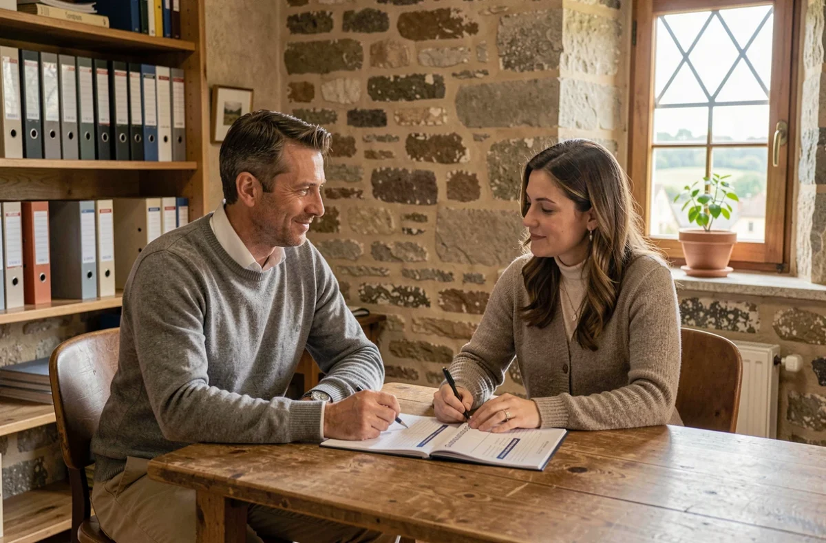 Conseiller en bilan de compétences accompagnant une cliente adulte dans le bureau rural de CREAVENIR à Briis-sous-Forges
