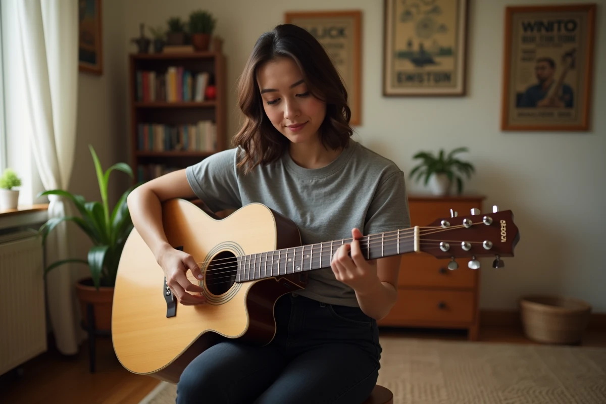 Jeune femme débutante qui apprend l'accord Gm sur une guitare acoustique dans une chambre chaleureuse