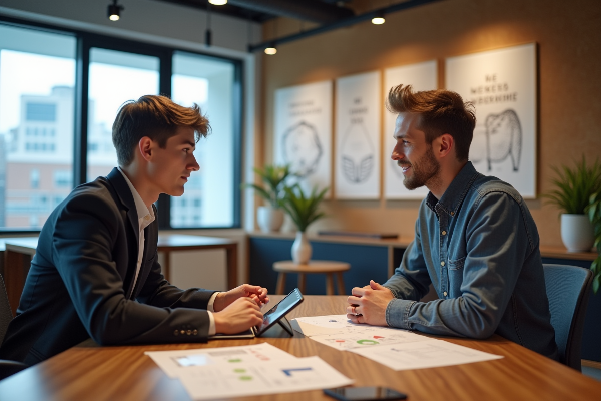Jeune homme et mentor discutant autour d une table de travail