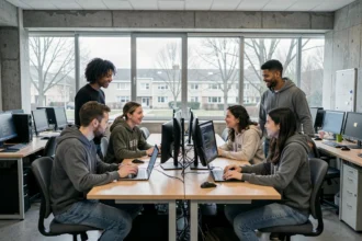 Groupe d'étudiants en informatique travaillant ensemble dans un laboratoire informatique moderne dans le Nord de la France